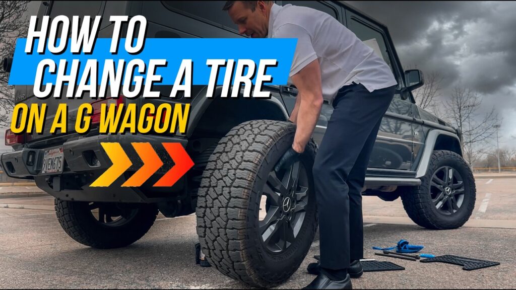 Changing a flat tire on a Mercedes G-Wagen